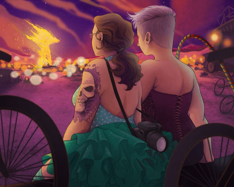 Two people are viewed from the back, looking over a purple and orange twilight scene, watching the Man burn.